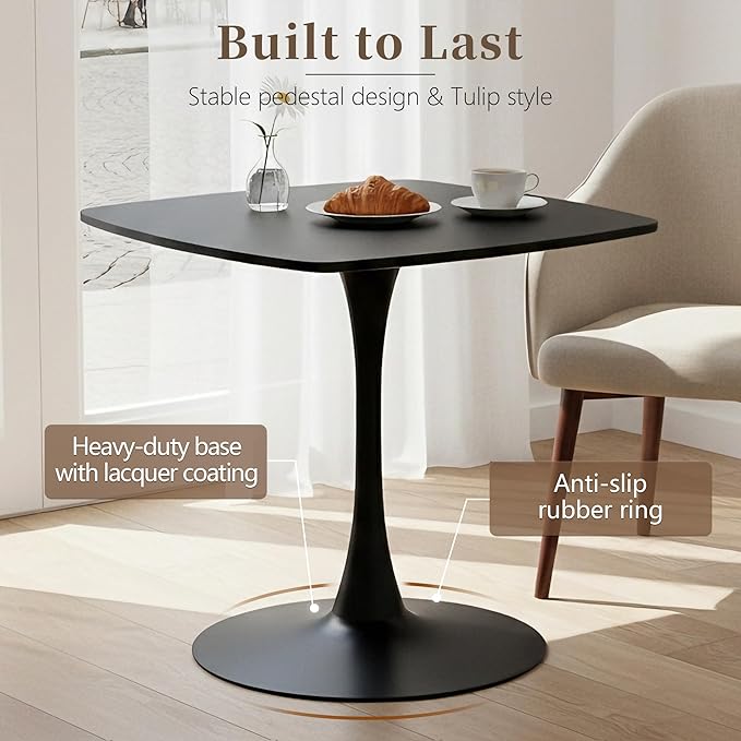 Black Square Dining Table,31.5" Tulip Table with Metal Pedestal,15-Minute Quick Assembly,Mid Century Modern Leisure Table for Kitchen Small Places Cafe (Black)