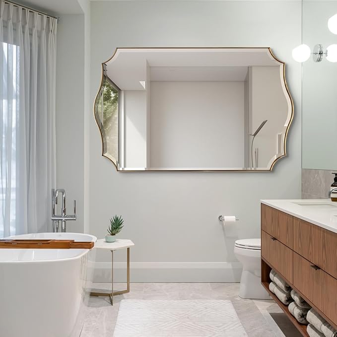 POZINO Scalloped Beveled Mirror, 30"x48" Brushed Gold Rectangle Bathroom Mirrors, Brass Wavy Vanity Mirrors for Wall, Modern Large Irregular Shaped Mirror for Living Room Bedroom Fireplace Entryway