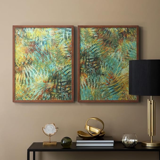 Renditions Gallery Set of 2 Peel & Stick Framed Prints, Nature Abstract Wall Art, Green Leafy Design Wall Decor, Re-Stickable - Ready to Hang - 22"x28" - Walnut Frame LT588
