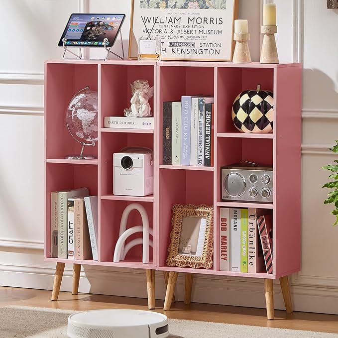 LEYAOYAO 5 Cube Bookshelf 3-Tier Bookcase with Legs,Mint Light Pink Kids Book Shelf Cute Storage Organizer,Free Standing Open Toy Shelves Wood Bookshelves,Display Bookcases for Bedroom,Living Room