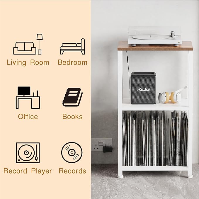 YAKANJ End Table with LED Light,Record Player Stand with Albums Storage,Vinyl Records Storage,Turntable Stand Side Table for Music Room Studio Living Room Bedroom-White