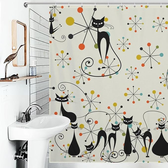 Mid Century Atomic Cat Shower Curtains, Atomic Abstract Geometric Cat Retro Pattern Waterproof Shower Curtains for Bathroom Decor 12 Pack Hooks 72x72in (183x183cm)