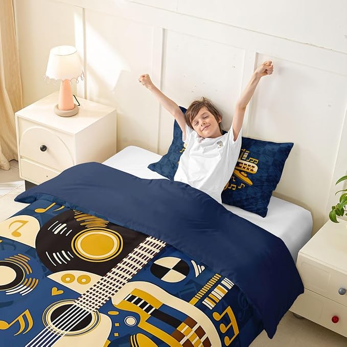 Erosebridal Retro Music Duvet Cover Twin for Boys Men - Abstract Instruments Guitar Bedding Set Vinyl Record Rock Roll Comforter Cover,Checkered Musical Notes Bed Set