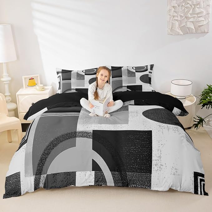 Geometric Striped Circle Duvet Cover Set Queen Size,Abstract Aesthetic Simple Art Bedding Set,Boys Girls Room Decor,Graffiti Retro Squares Comforter Cover,Grey Quilt Cover,2 Pillowcases(No Filler)