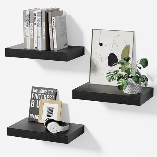 Black Floating Shelves for Wall Set of 3, 11.8 Inch Small Wall Shelves for Bathroom Over Toilet, Home Office & Bedroom Storage, Wall Mounted Shelf Set for Decor, Books & Collectibles