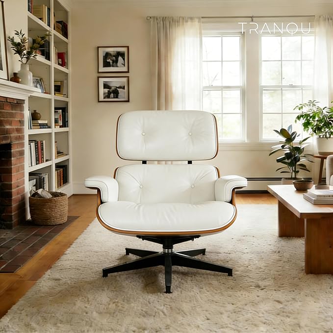 Mid-Century Genuine Top Grain Leather Chaise Lounge Chair & Ottoman, Rosewood Base, Modern Classic Design for Living Room & Office