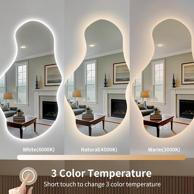 Modern Irregular LED Bathroom Mirror with Lights, Asymmetrical Frameless Smart Lighted Wall Mirror for Living Room Entryway, Large Decorative Makeup Vanity Mirror with Touch Switch(27.2″x47.2″)