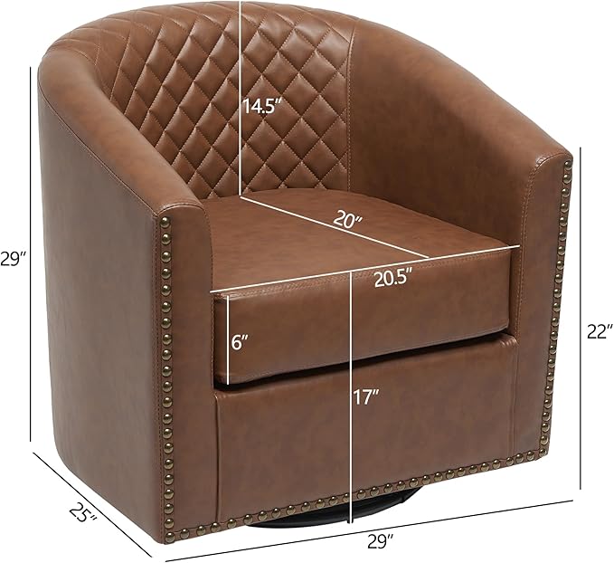 KINWELL 29" Wide Tufted Faux Leather Accent Chair, Small Swivel Barrel Chair, Modern Round PU Leather Upholstered Armchair with Nailhead Trim for Living Room Apartment, Brown