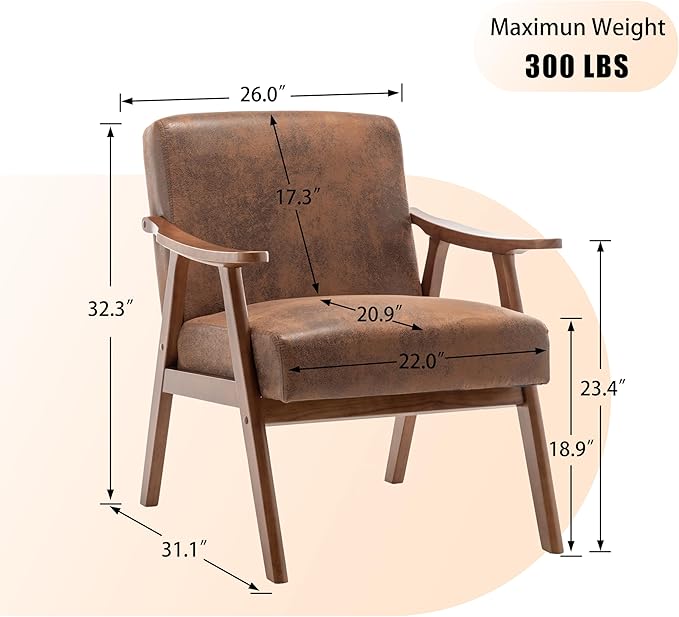 Furnimart Brown Accent Chair, Mid Century Modern Living Room Chair with Wood Frame, Comfy Armchair Wingback Chair for Office Study Vanity Bedroom Waiting Room