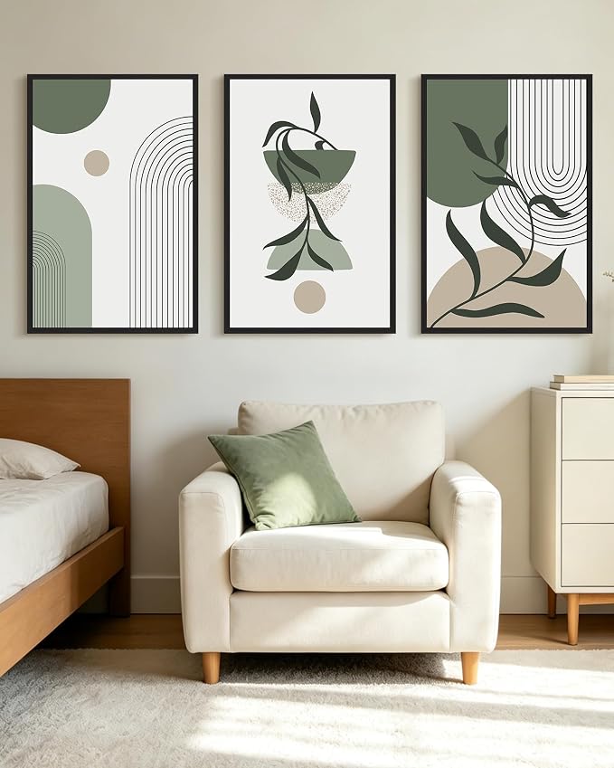 KUVIOKE Boho Wall Art Framed Botanical Modern Plants Wall Printing Green Neutral Abstract Geometric Prints Bohemain Sage Decor for Farmhouse Living Dining Room 24x36in (Black Framed)