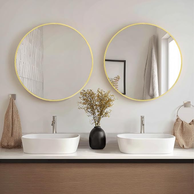 Sunniry Gold Round Mirror 24 inch, 2 Pack Gold Circle Mirror, Round Wall Mirrors Metal Frame for Bathroom, Bedroom, Living Room, Hallway.