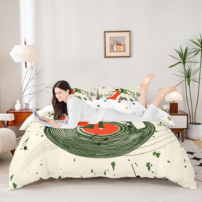 Erosebridal Retro Music Bedding Set Full for Adults - Romantic Couple Dance Duvet Cover Vintage Vinyl Record Comforter Cover,Trendy Musical Notes Bed Set