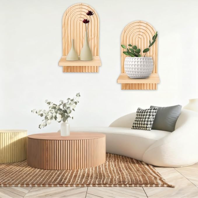 2 Pieces Boho Wall Shelf, Mid Century Shelves, Decorative Storage Unit, Decorative Bohemian Rainbow Hanging Shelves for Bathroom, Bedroom, Kitchen, Living Room, Laundry Room (Natural)