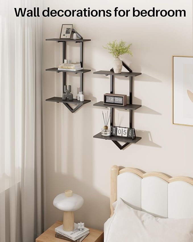 3 Tier Floating Shelves, Set of 2 Wall Shelves for Living Room, Modern Geometric Wooden Shelf for Wall Decor, Hanging Storage Shelf for Bedroom Bathroom Kitchen Home Office (Black)