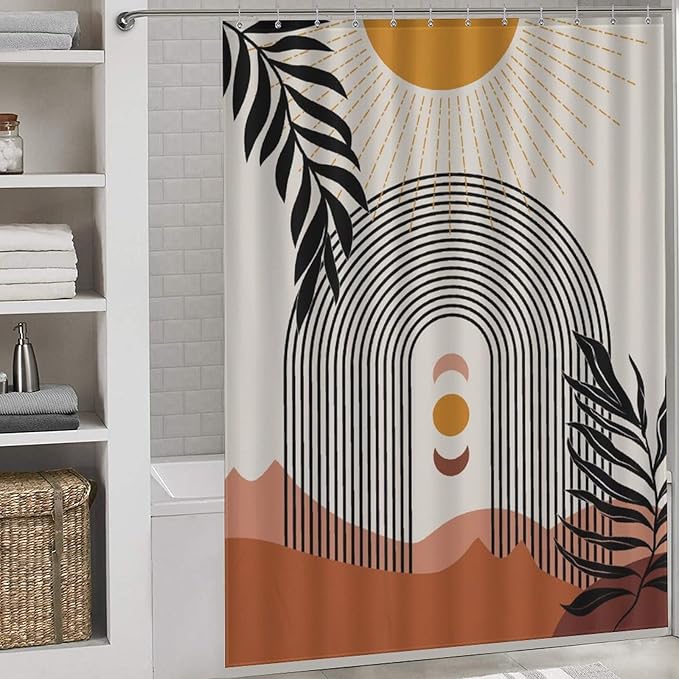 Mid Century Modern Shower Curtain, Boho Aesthetic Green Tropical Palm Leaves Moon Phase Abstract Minimalist Geometic Arch Waterproof Fabric Bathroom Shower Curtain Set with Hooks, 72"x84" Inch