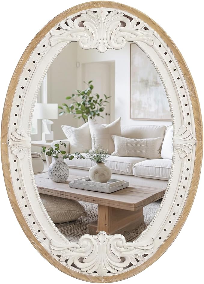 sawsile Oval Wood Mirror,Rustic 20x30 Inch Wooden Farmhouse Decorative Vanity Natural Mirrors for Bedroom, Bathroom, Living Room,or Entryway