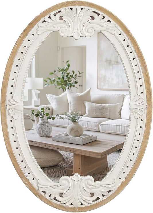 sawsile Oval Wood Mirror,Rustic 20x30 Inch Wooden Farmhouse Decorative Vanity Natural Mirrors for Bedroom, Bathroom, Living Room,or Entryway