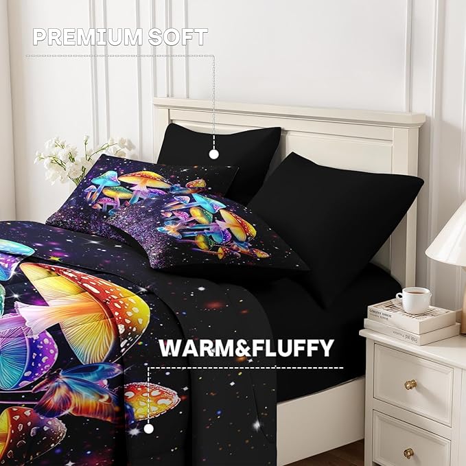 Nesker 5 Pcs Comforter Set Twin Size, Colorful Mushroom Dream Bedding Set for Kids and Adults, Hippie Plant Bed Sheet Sets with Fitted Sheet Pillowcase & Sham