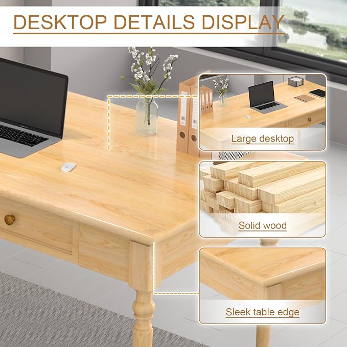 Solid Wood French Country Desk,Writing Desk with Storage Drawers,Farmhouse Computer Table Makeup Table Modern Simple Style,for Home Office Living Room Study Workspace Bedroom (Wood, 47.2IN)