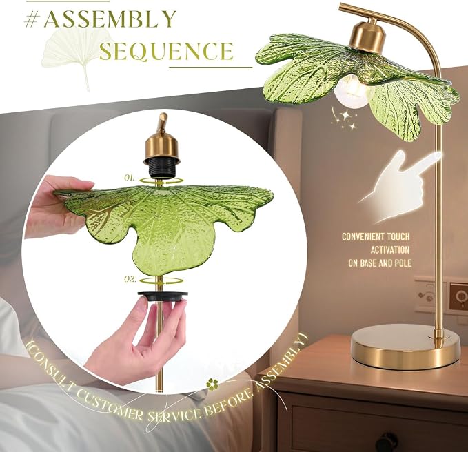 Mid Century Modern Table Lamps Set of 2, 18.9" Tall Gold Metal Base with Green Flower Glass Shade, Touch Control Nightstand Lamps for Bedroom Living Room Office