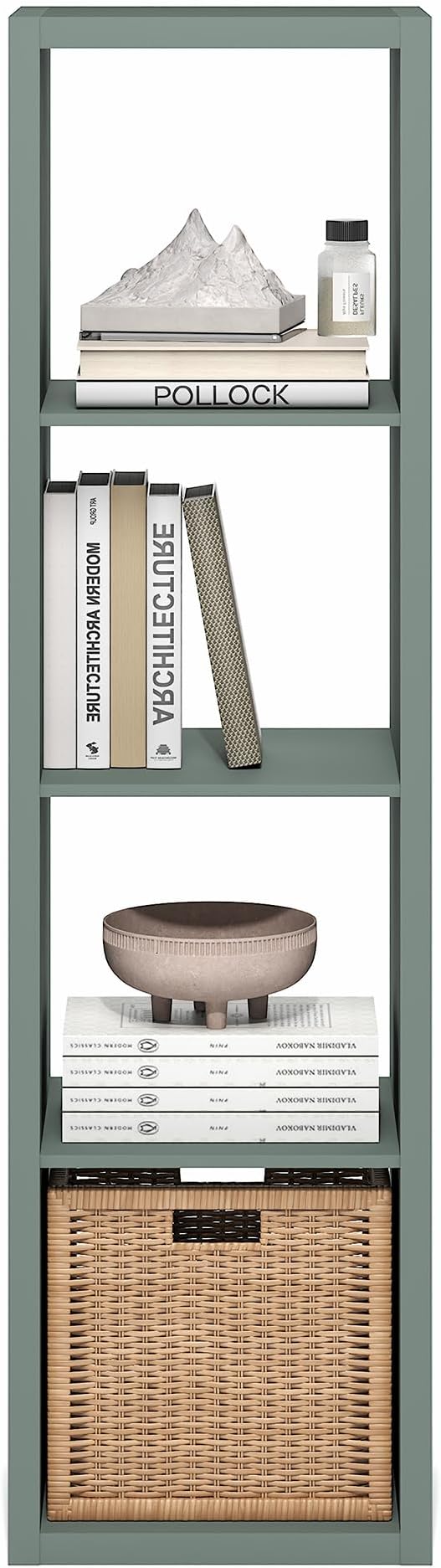 Furinno Cubicle Book Shelf, Vertical 4-Cube Bookshelf, Extra Thick Horizontally & Vertically Reversible Bookcase with Open Back, 14.6" x 16" x 58", for Living Room, Bedroom, Home Office, Sage Green