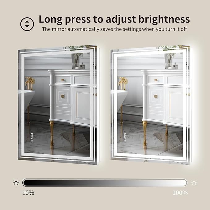 WTTY LED Bathroom Mirror 30"x36" with Backlit and Front Light,Dimmable LED Mirror for Bathroom,Anti-Fog Lighted Bathroom Vanity Mirror Modern for Wall,Memory Function,Shatter-Proof