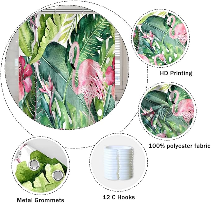 Tropical Pink Flamingo Shower Curtain with Hooks Watercolor Green Palm Leaves Shower Curtains Modern Style Waterproof Fabric for Bathroom Decor Set 72 x 78 Inch