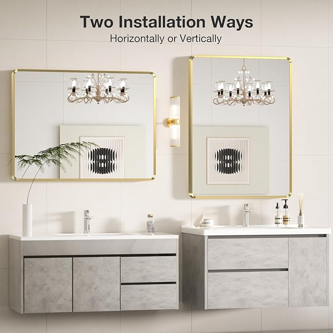 Brushed Gold Bathroom Mirror 24x32 inch, Rounded Rectangle Gold Metal Framed Vanity Wall Mirror, HD Tempered Glass, Horizontal or Vertical Hanging