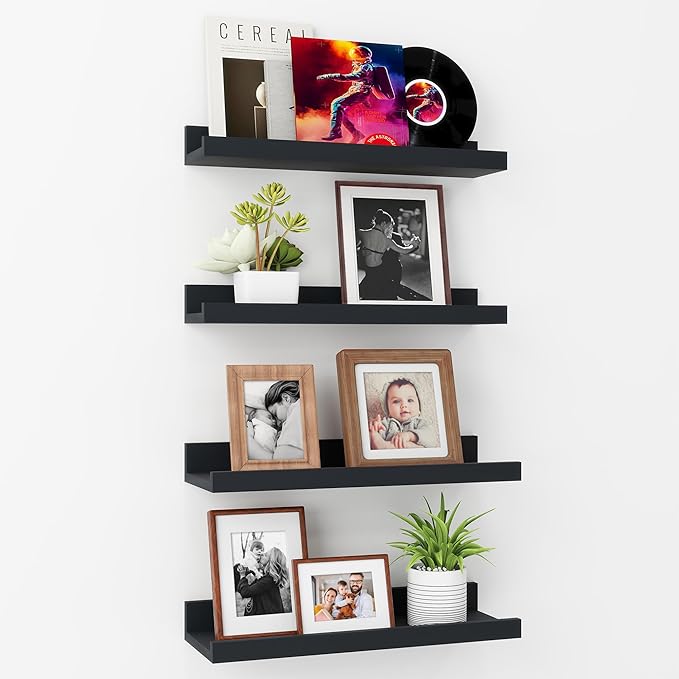 Axeman Picture Ledge Shelf | 16 Inch Black Floating Shelves Set of 4 | Rustic Wood Wall Shelves with Lip | 16" Picture Shelves for Wall with Ledge | Black Photo Shelves