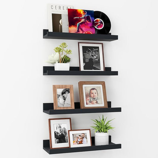 Axeman Picture Ledge Shelf | 16 Inch Black Floating Shelves Set of 4 | Rustic Wood Wall Shelves with Lip | 16" Picture Shelves for Wall with Ledge | Black Photo Shelves
