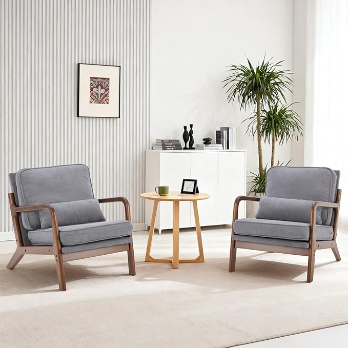 DUMOS Accent Chairs Set of 2,Mid Century Modern Chair with Arms and Waist Cushion, Reading Chairs for Adults, Lounge Chair for Living Room and Bedroom, Solid Wooden Frame,Classic Grey