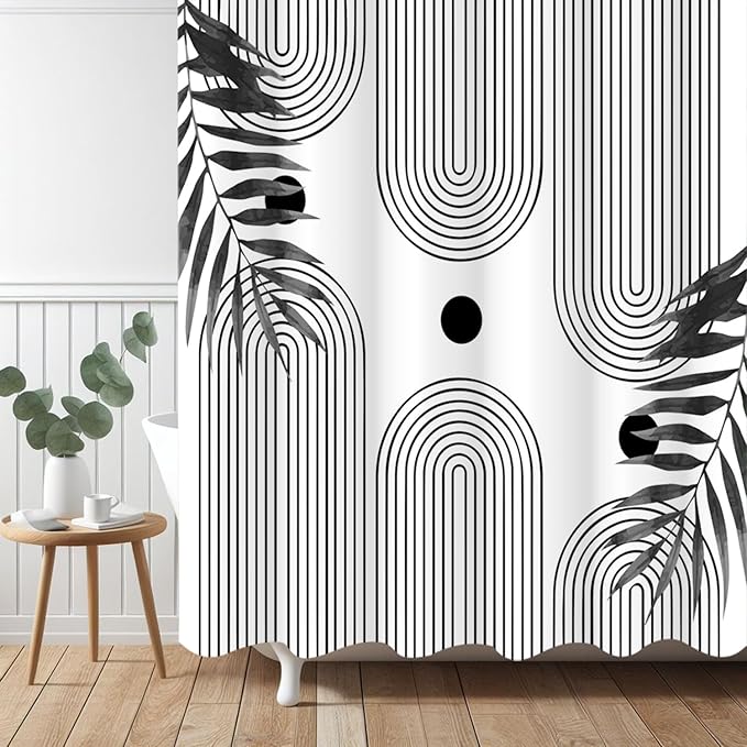 Boho Mid Century Modern Shower Curtain, Abstract Arch Leaf Minimalist Sun Black and White Machine Washable Waterproof Fabric for Bathroom Decor Bathtub with Hooks 60Wx72H