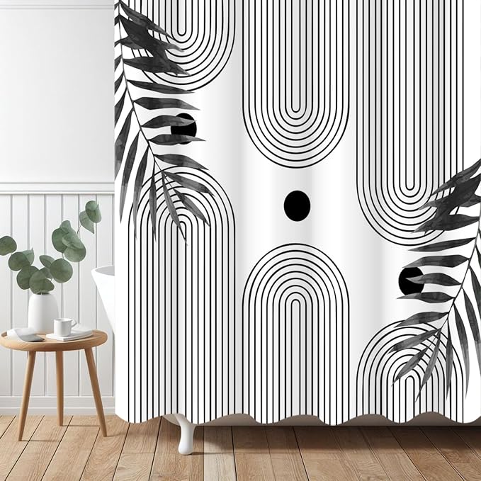Boho Mid Century Modern Shower Curtain, Abstract Arch Leaf Minimalist Sun Black and White Machine Washable Waterproof for Bathroom Bathtub with Hooks 72x72