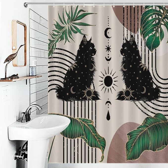 Boho Mid Century Cat Shower Curtain Retro Moon Star Leaves Black Cat Geometric 70s Vintage Waterproof Shower Curtains for Bathroom Decor 12 Pack Hooks 55x72in（140x183cm）