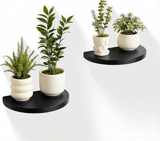 Small Wood Floating Shelves (2-Pack, 8-inch Diameter) - Round Sturdy Invisible Wall Mount Display for Small Plants,Toys,Bathroom,Living Room Storage & Modern Rustic Décor (Black)