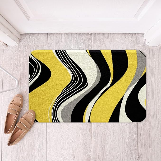 Feelyou Yellow and Gray Black White Bath Rugs Modern Abstract Geometric Bathroom Rugs Kids Boys Girls Teens Stripe Line Pattern Decor Bath Mats for Bathroom 20"x32" Bathroom Accessories