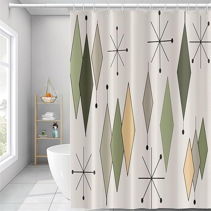 Boho Mid Century Shower Curtain Vintage Abstract Green Diamond Geometric Atomic Starburst Pattern for 1950s Retro Bathroom Decor Accessories Shower Curtain Set with 12 Hooks, 65x72 Inches