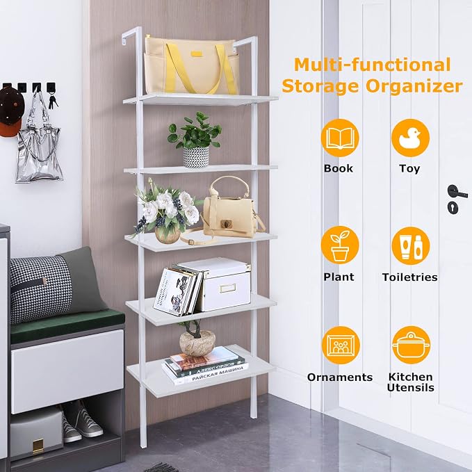 5 Tier Wall Mounted Ladder Shelf, Ladder Bookshelf with Metal Frame and Wood Shelf, Modern Learning Bookcase for Living Room, Bedroom, Office (23.6" W x 11.8" D x 70.8" H, White)