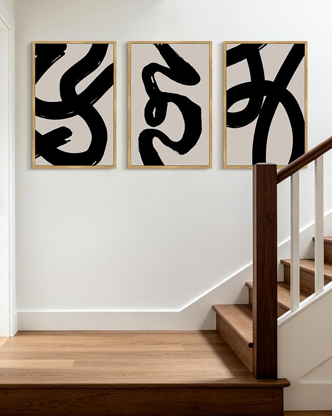 KUVIOKE Black Abstract Framed Wall Art Ink Wash Minimalist Lines Canvas Painting Artwork for Bedroom Hallway 16x24in (Natural Framed)