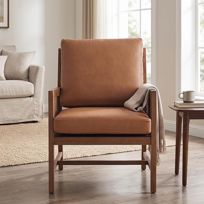 chairus Mid-Century Modern Accent Chair, Comfy Faux Leather Upholstered Armchair with Cane Armrests & Slat Back, Solid Wood Rattan Reading Chair for Living Room Bedroom Guest Room
