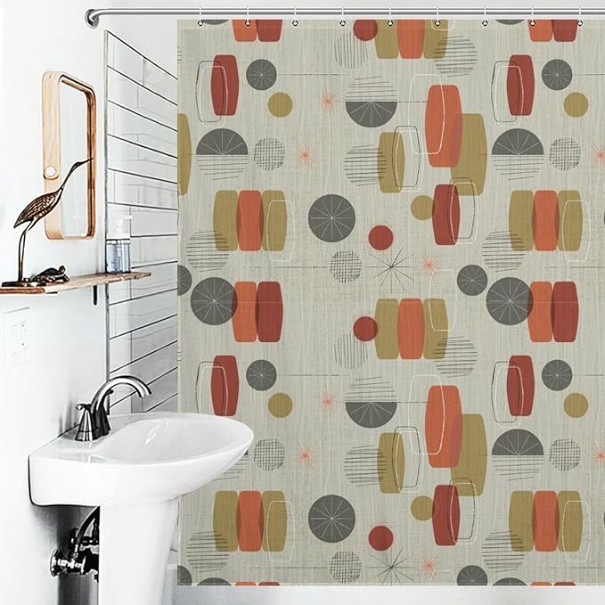 Mid Century Shower Curtain Modern Abstract Geometric Shapes Retro Texture Pattern Duty Fabric Shower Curtains Set Bathroom Polyester Waterproof with 12 Hooks,72x72Inch（183x183cm）