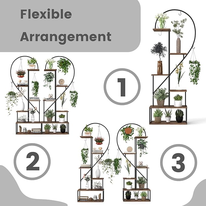 Giantex 6 Tier Tall Plant Stand Indoor, Metal Heart Shaped Plant Shelf for Plants Multiple with 6 Hanging Hooks & 12 Boards, Heavy-duty Metal Frame, Large Ladder Display Rack for Living Room Balcony Patio Art Studio, 2 Pack