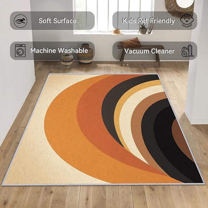 Retro Arch Rugs for Bedroom - Washable Mid Century Modern Rugs for Living Room - 7x10 ft - Abstract MCM Design Area Rug & Home Decor - 70s Minimalist Indoor Carpet with Non Slip Backing