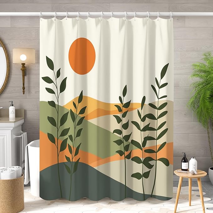 Boho Mid Century Shower Curtain for Bathroom Modern Abstract Sun Botanical Leaves Bath Curtain Neutral Minimalist Plant Waterproof Fabric Bathroom Decor Set with Hooks 60x72 inch