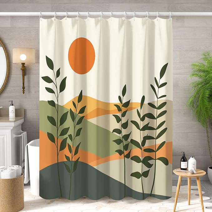 Boho Mid Century Shower Curtain for Bathroom Modern Abstract Sun Botanical Leaves Bath Curtain Neutral Minimalist Plant Waterproof Fabric Bathroom Decor Set with Hooks 48x72 inch