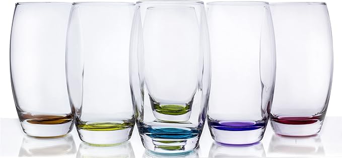 Red Co. Large 16 oz Multicolored Drinking Glass Set of 6 for Water, Beverage, Cocktail, Mixed Drinks