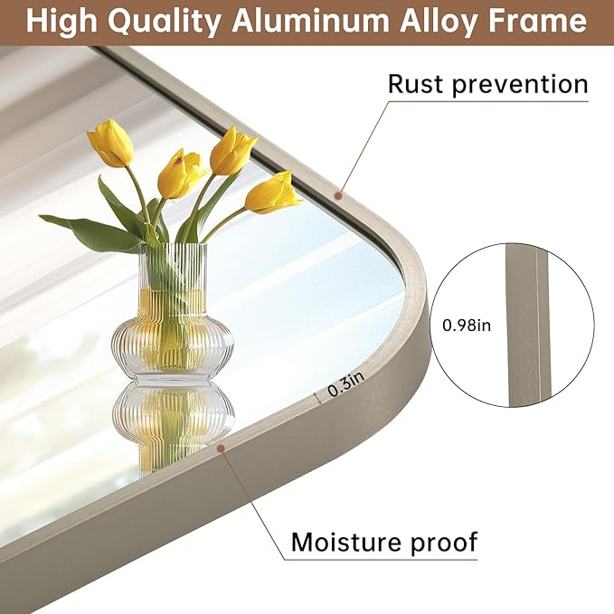 Brushed Nickel Mirror, 22"x30" Rectangle Bathroom Mirror, Metal Frame Rectangle Corner Vanity Mirror, Wall Mounted Mirror for Modern, Living Room, Bedroom, Horizontal Or Vertical