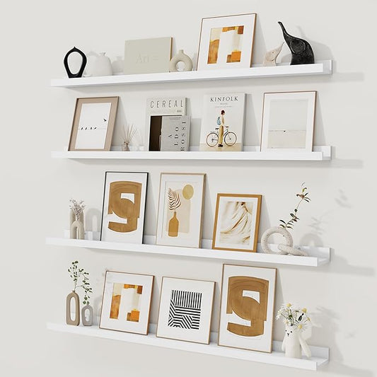 Fun Memories Picture Ledge Shelf, White Floating Shelves Set of 4, 40 Inch Picture Shelves for Wall with Ledge, Large Nursery Book Shelf for Toys Storage, Living Room, Bedroom Decor Frames