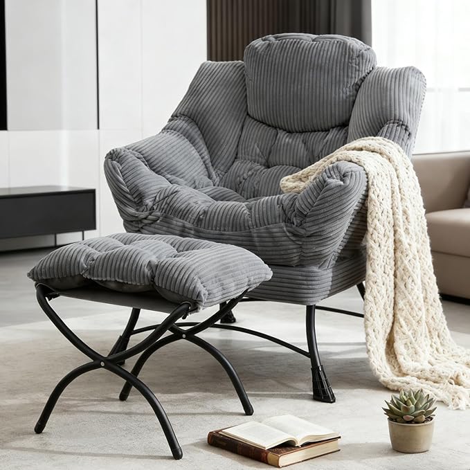 Lazy Chair with Ottoman, Oversized Comfy Accent Chair, 400LBS Heavy Duty Metal Frame, Thick Cushion Corduroy Lounge Chair for Living Room Bedroom Reading, Dark Gray