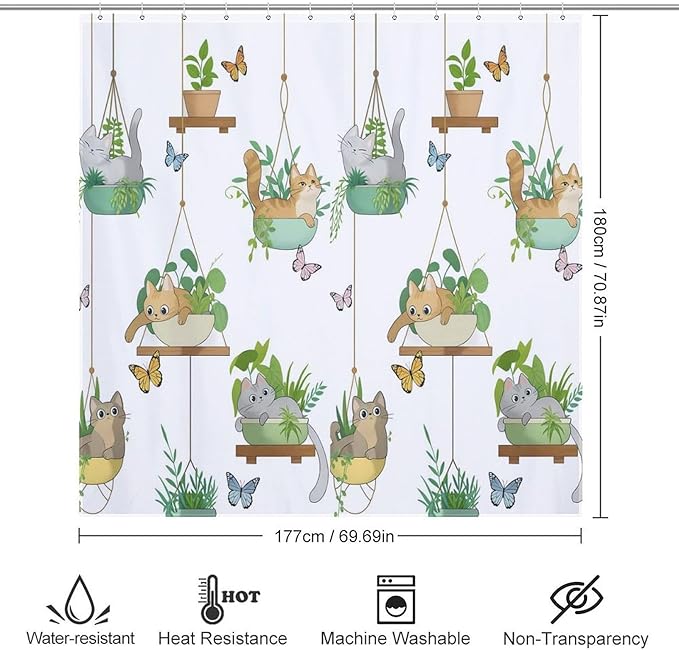 Cat Shower Curtain,Rustic Farmhouse Hanging Potted Plants Funny Animals Bathroom Curtain Polyester Waterproof Fabric Decor 72x72in（183x183cm）